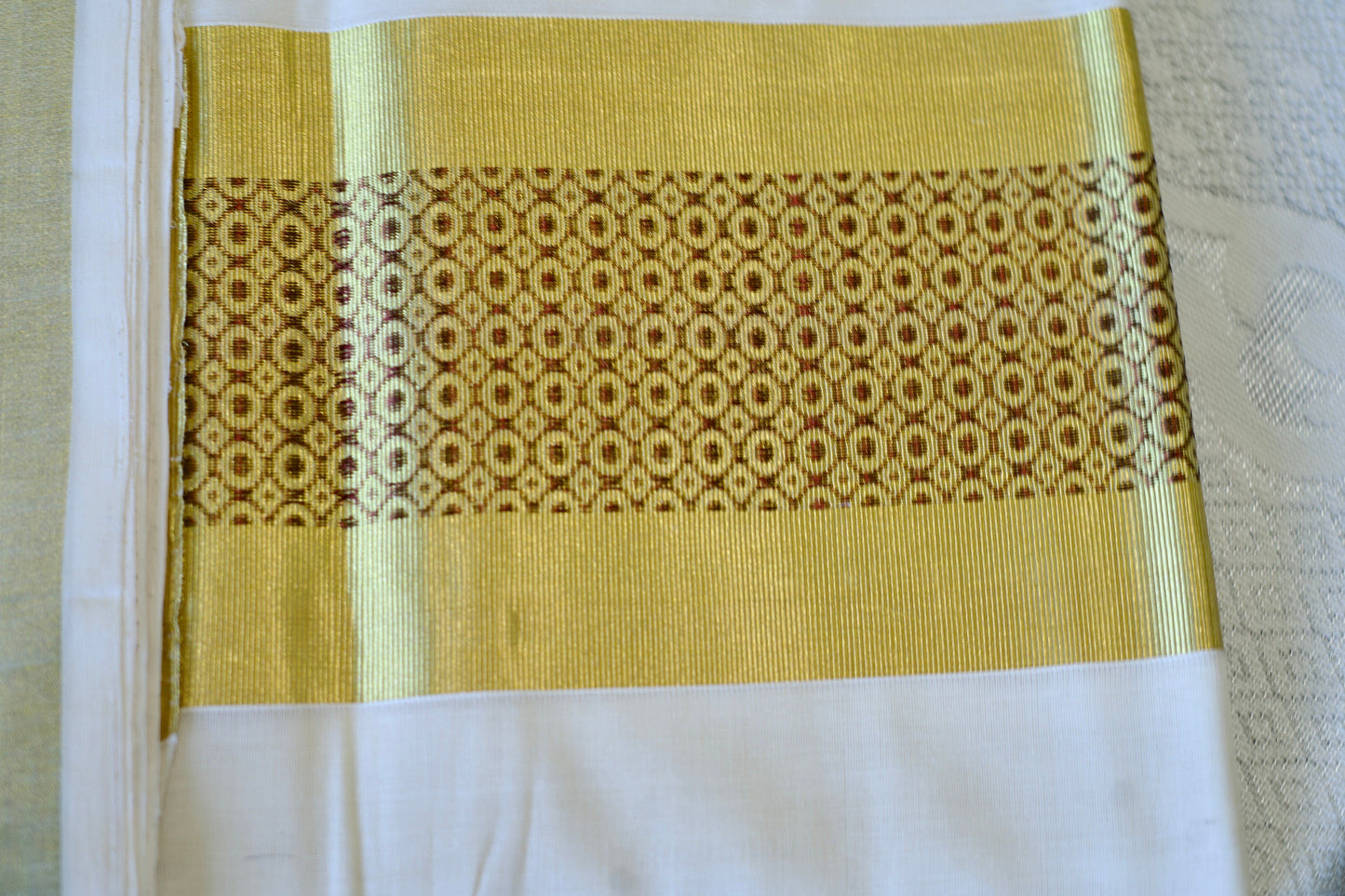 Elegant Kasavu White Set Saree with Brown Circles for Festive Occasions