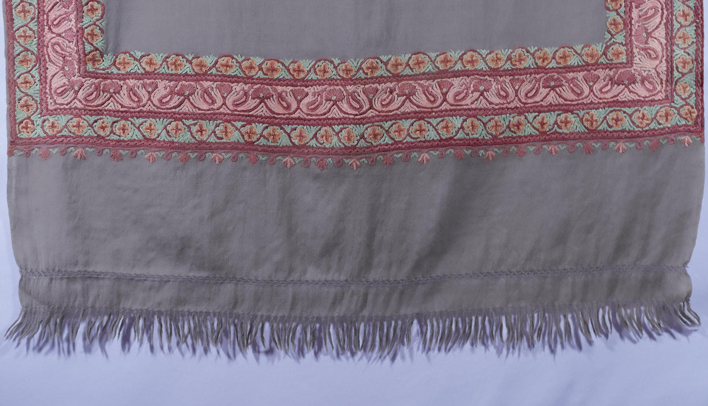 Kashmiri Hand embroidered stoles with Ari work on Merino wool for Winter - Grey with Orange boundary