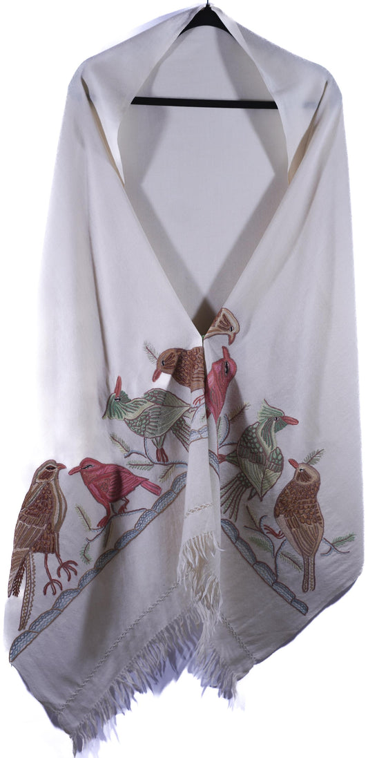 Kashmiri Hand embroidered stoles with Ari work on Merino wool for Winter - White with bird design Valentine Gift
