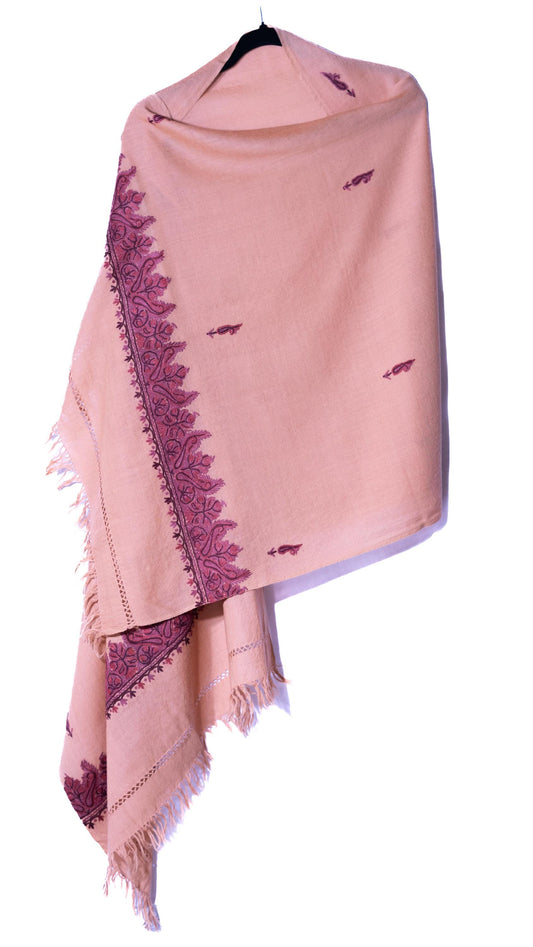 Kashmiri Hand embroidered stoles with Ari work on Merino wool for Winter - Cream with Dark Boundary Valentine Gift