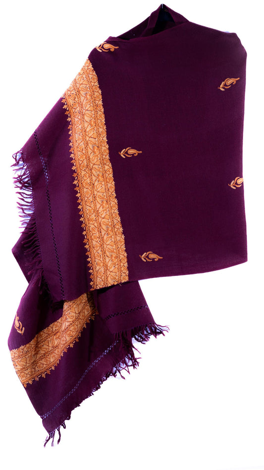 Kashmiri Hand embroidered stoles with Ari work on Merino wool for Winter - Purple with Golden Boundary Valentine Gift