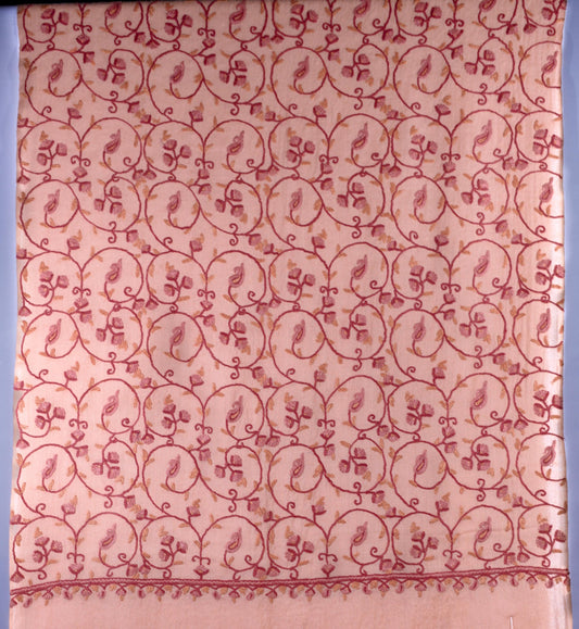 Kashmiri Hand embroidered stoles with Ari work on Merino wool for Winter  - Light Orange with flower pattern Valentine Gift
