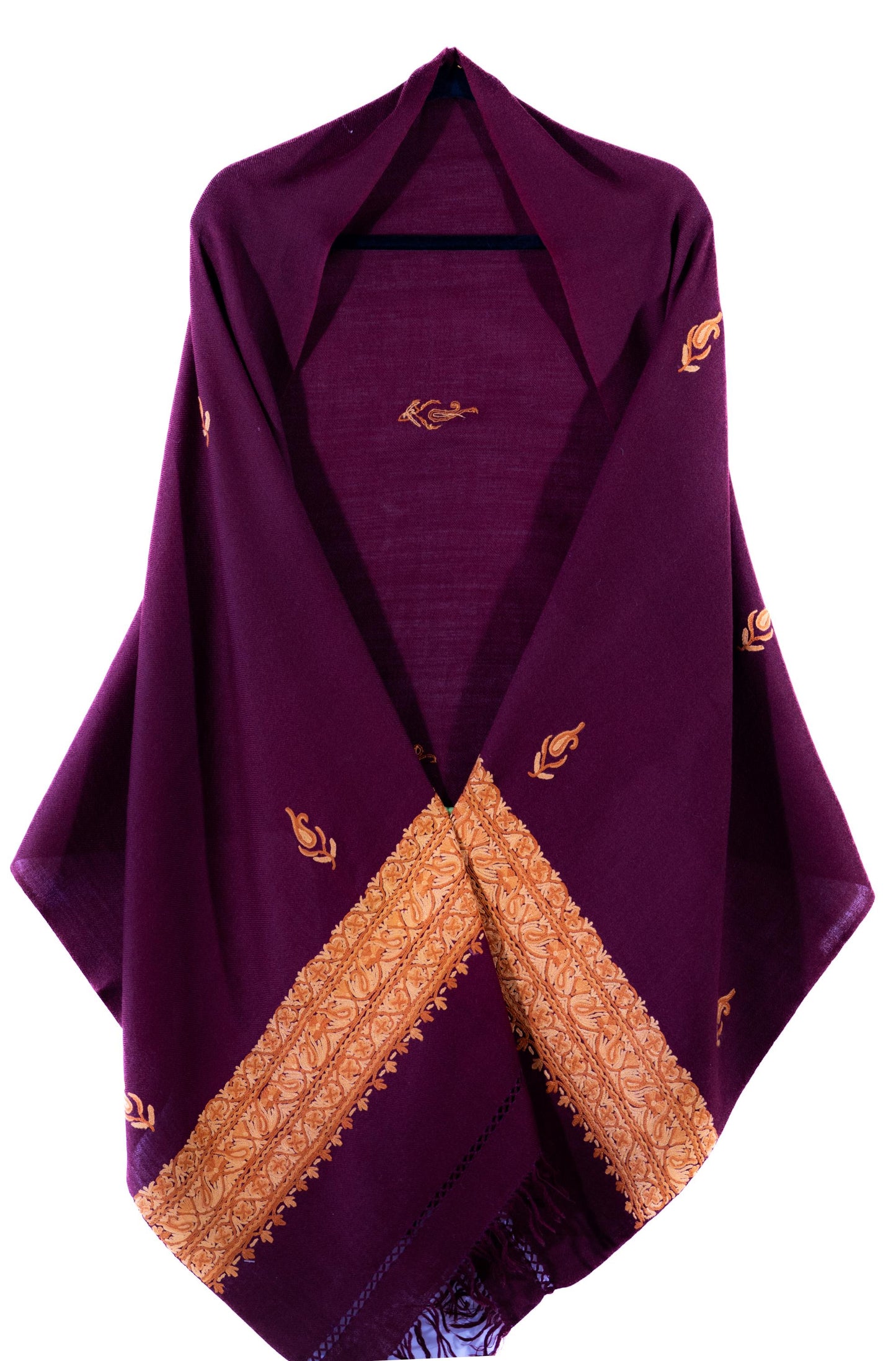 Kashmiri Hand embroidered stoles with Ari work on Merino wool for Winter - Purple with Golden Boundary Valentine Gift