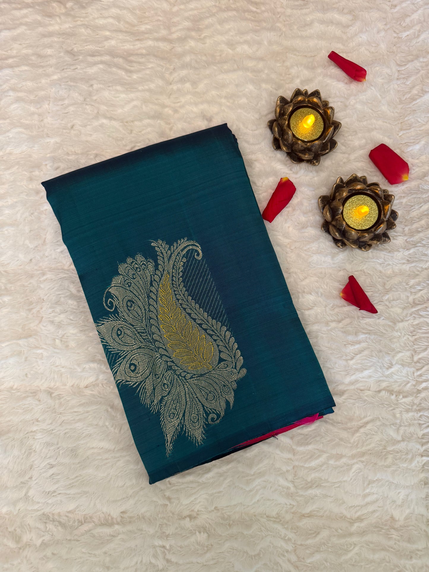 Handloom Teal Blue Silk Kanjeevaram saree with Gold & Silver Peacock Motif