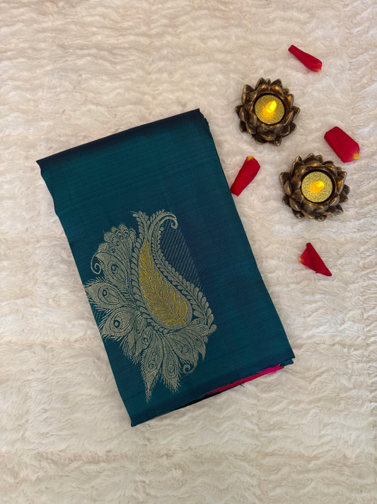 Handloom Teal Blue Silk Kanjeevaram saree with Gold & Silver Peacock Motif