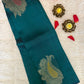 Handloom Teal Blue Silk Kanjeevaram saree with Gold & Silver Peacock Motif