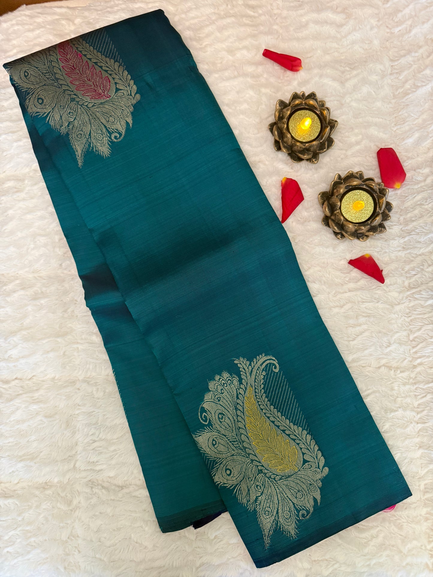 Handloom Teal Blue Silk Kanjeevaram saree with Gold & Silver Peacock Motif