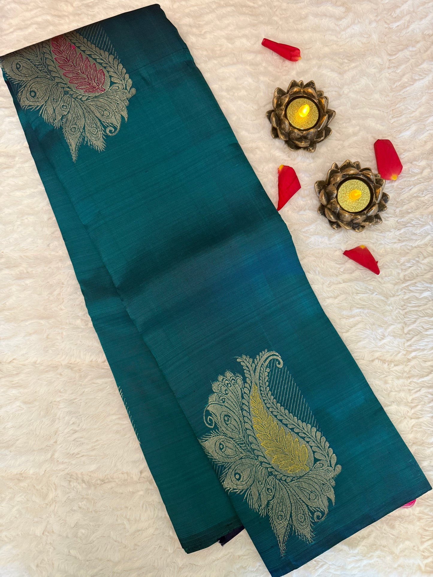 Handloom Teal Blue Silk Kanjeevaram saree with Gold & Silver Peacock Motif