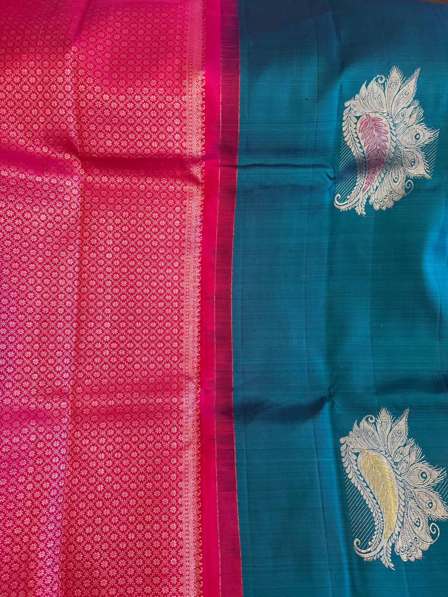 Handloom Teal Blue Silk Kanjeevaram saree with Gold & Silver Peacock Motif