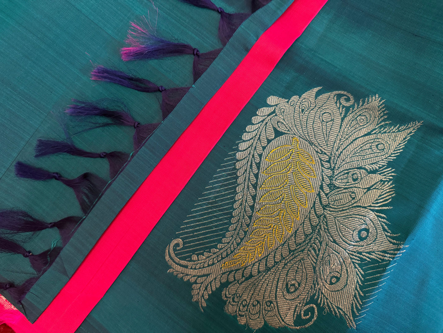 Handloom Teal Blue Silk Kanjeevaram saree with Gold & Silver Peacock Motif