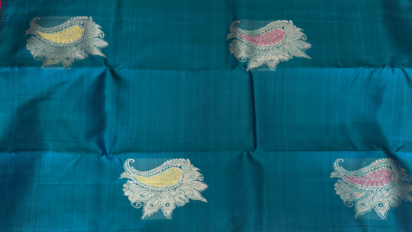 Handloom Teal Blue Silk Kanjeevaram saree with Gold & Silver Peacock Motif