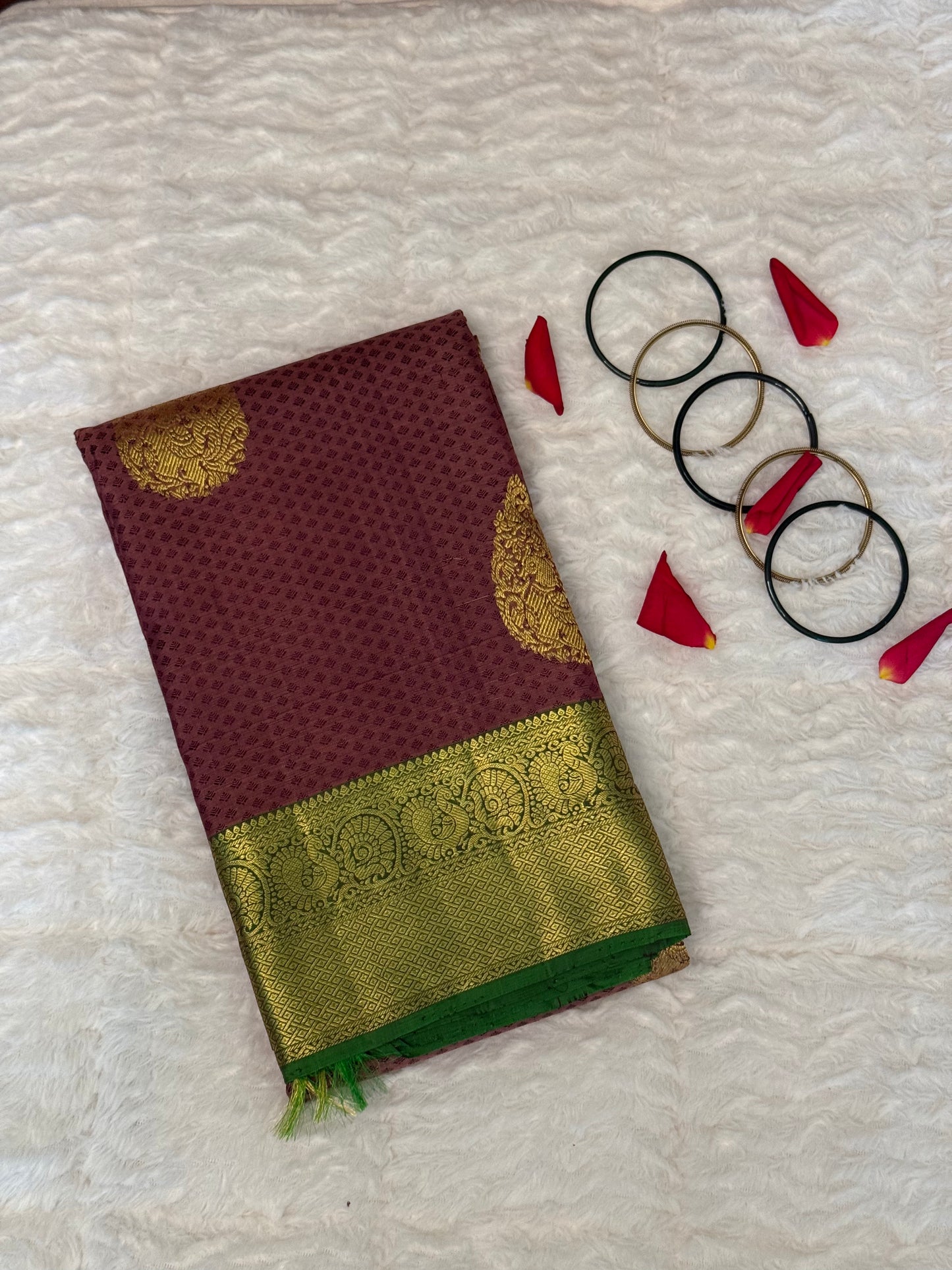 Handloom Kanjeevaram Purple-Brown Saree with Peacock Design & Gold Motifs