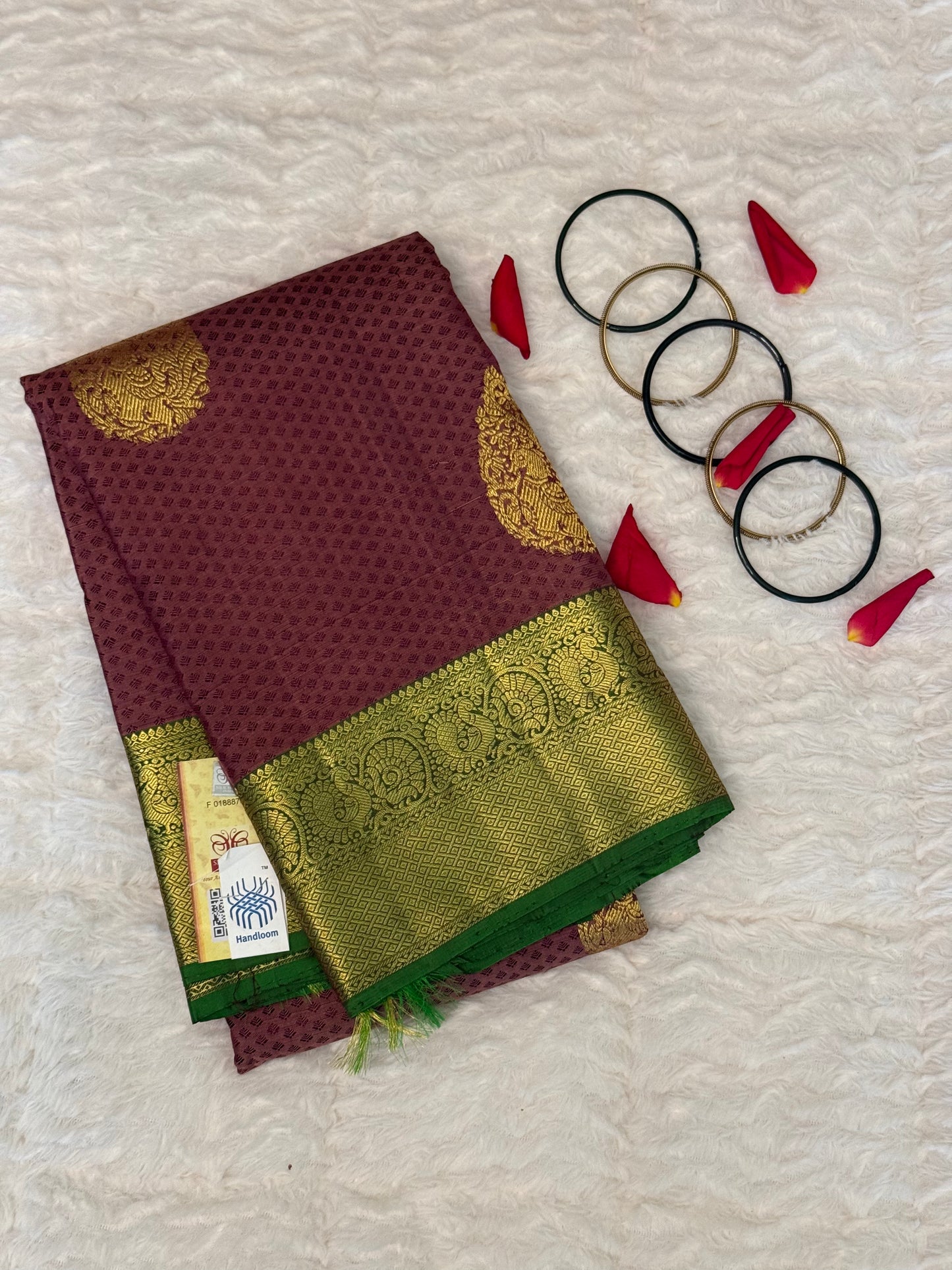 Handloom Kanjeevaram Purple-Brown Saree with Peacock Design & Gold Motifs