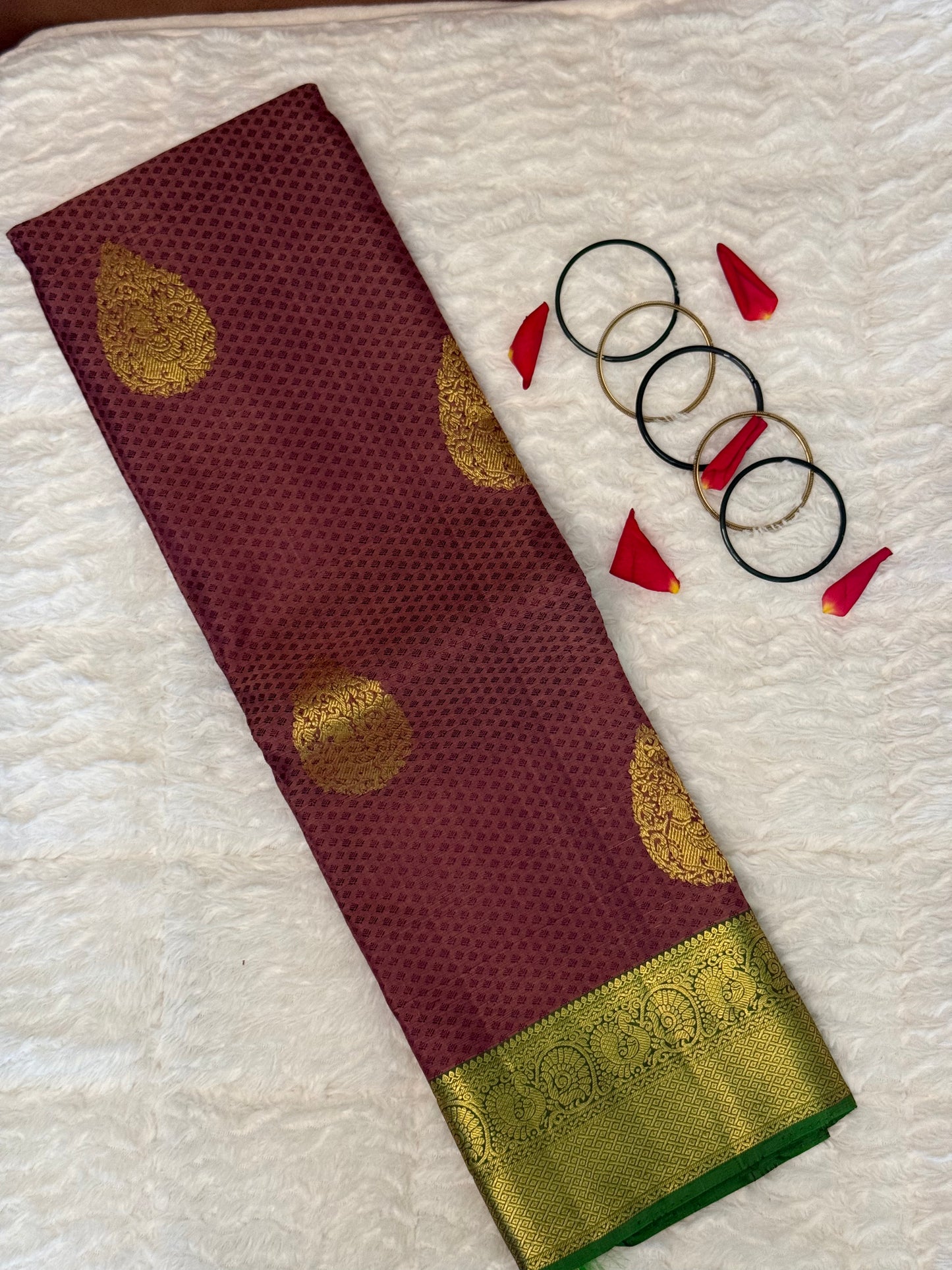 Handloom Kanjeevaram Purple-Brown Saree with Peacock Design & Gold Motifs