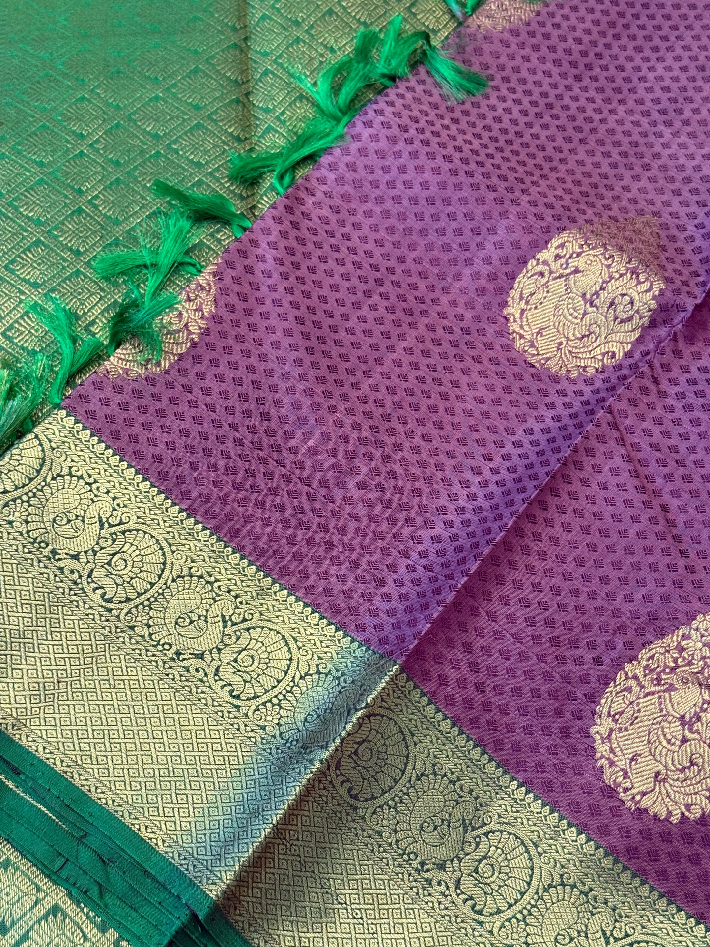 Handloom Kanjeevaram Purple-Brown Saree with Peacock Design & Gold Motifs