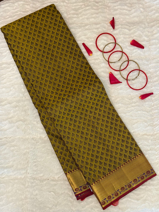 Handloom Kanjeevaram Dark Golden Yellow Silk Saree with Black Motifs