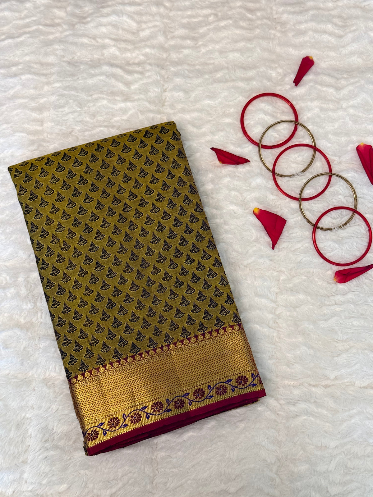 Handloom Kanjeevaram Dark Golden Yellow Silk Saree with Black Motifs