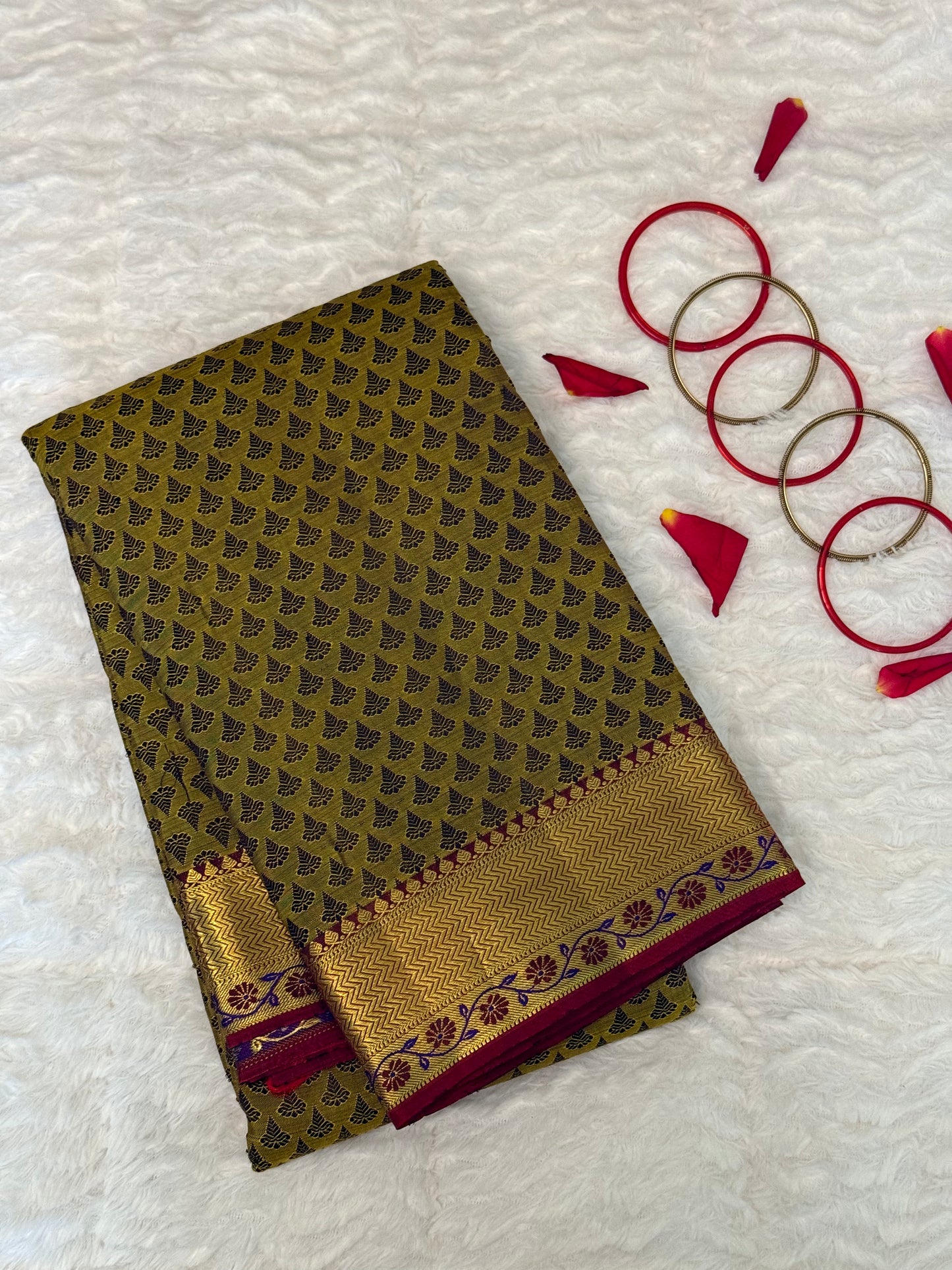 Handloom Kanjeevaram Dark Golden Yellow Silk Saree with Black Motifs