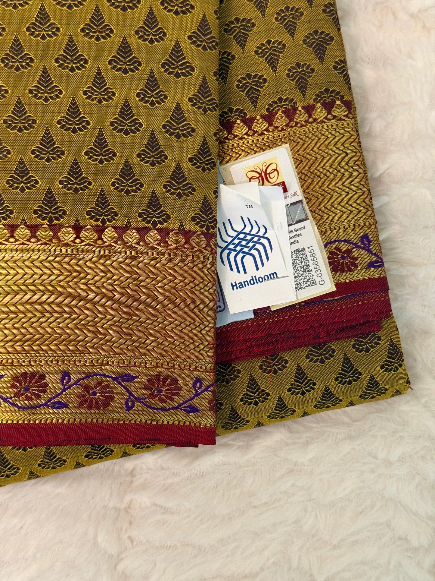 Handloom Kanjeevaram Dark Golden Yellow Silk Saree with Black Motifs
