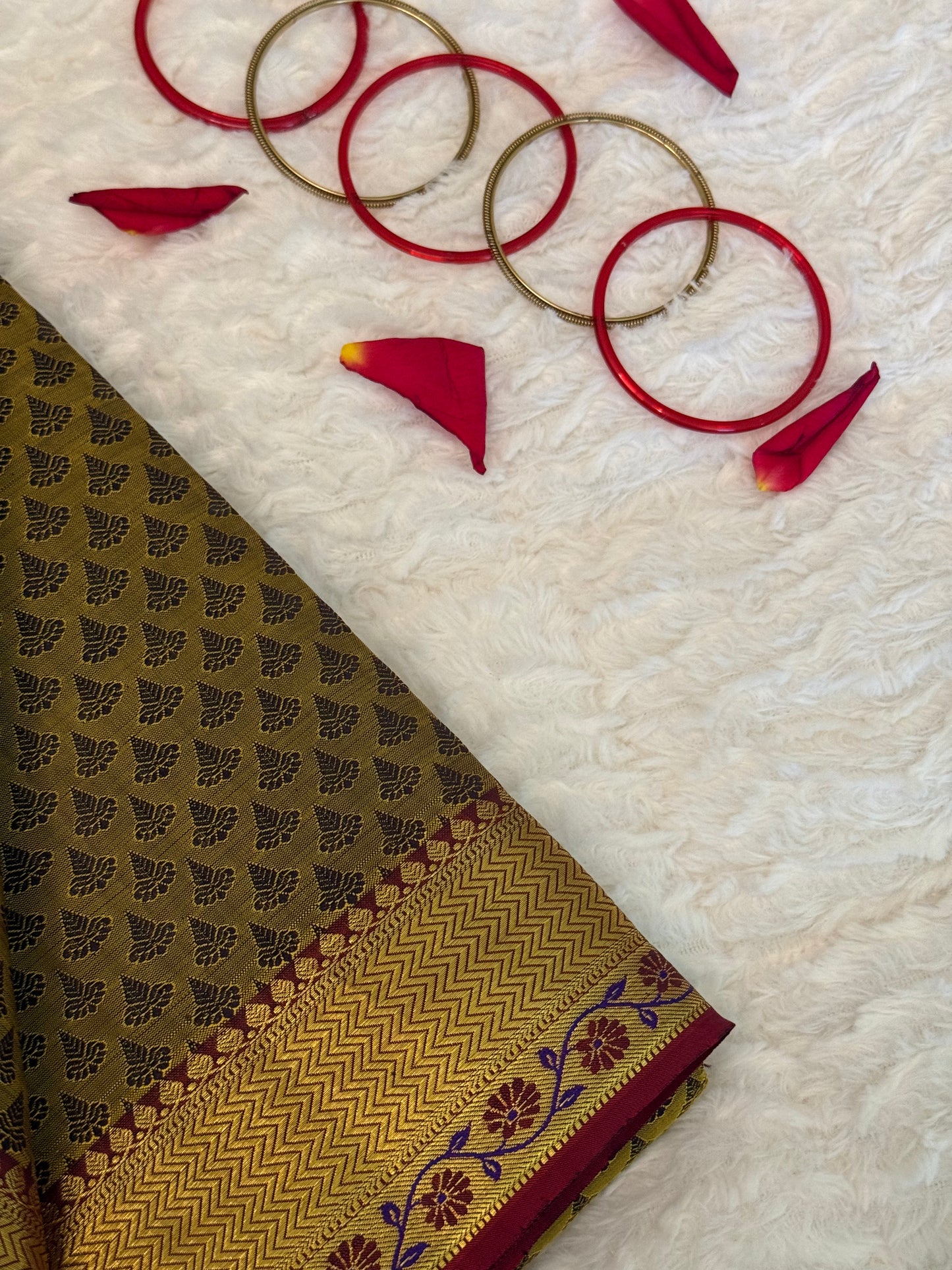 Handloom Kanjeevaram Dark Golden Yellow Silk Saree with Black Motifs