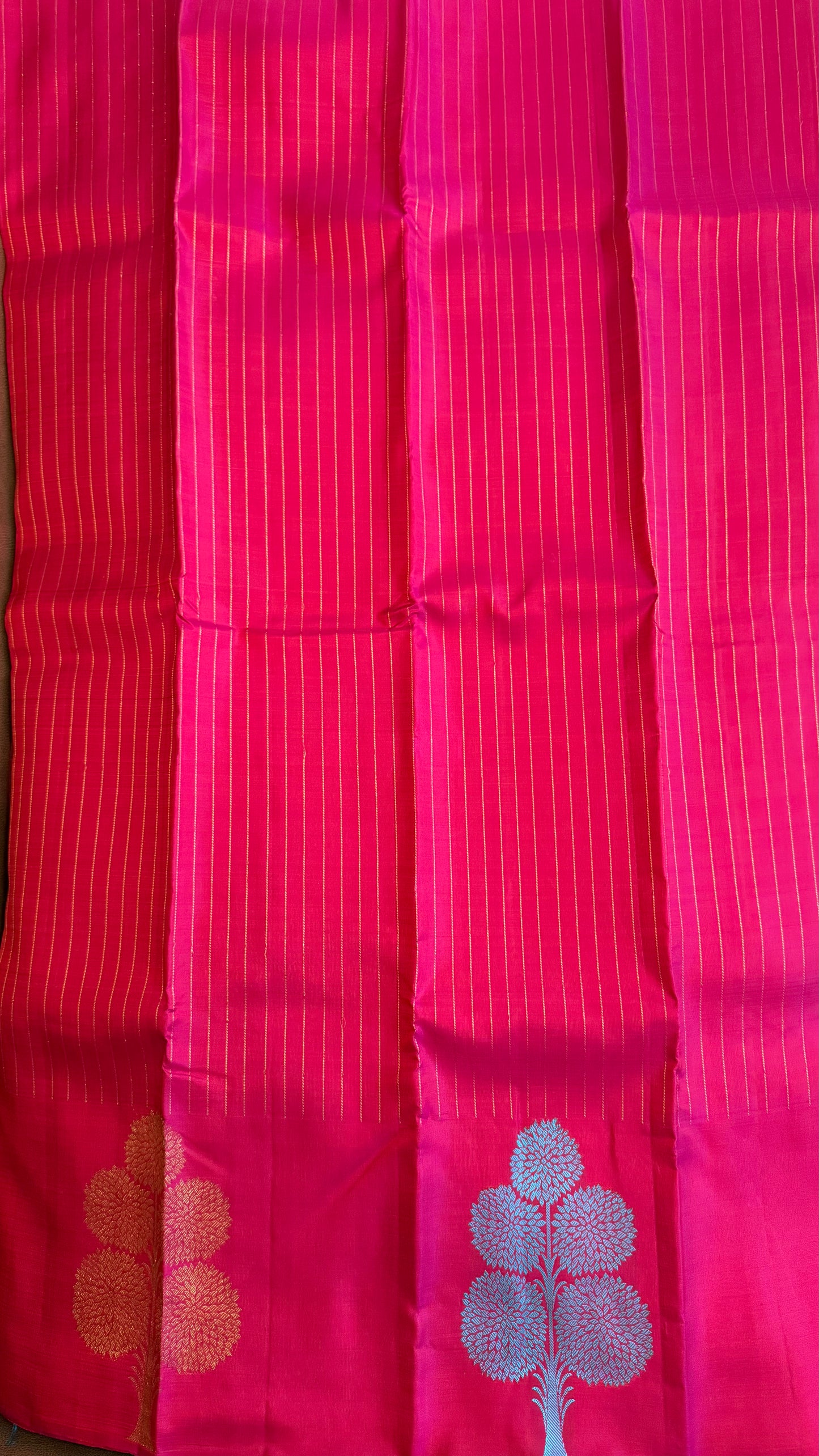 Handloom Pink Kanjeevaram Saree | Modern Blue and Golden Floral Design