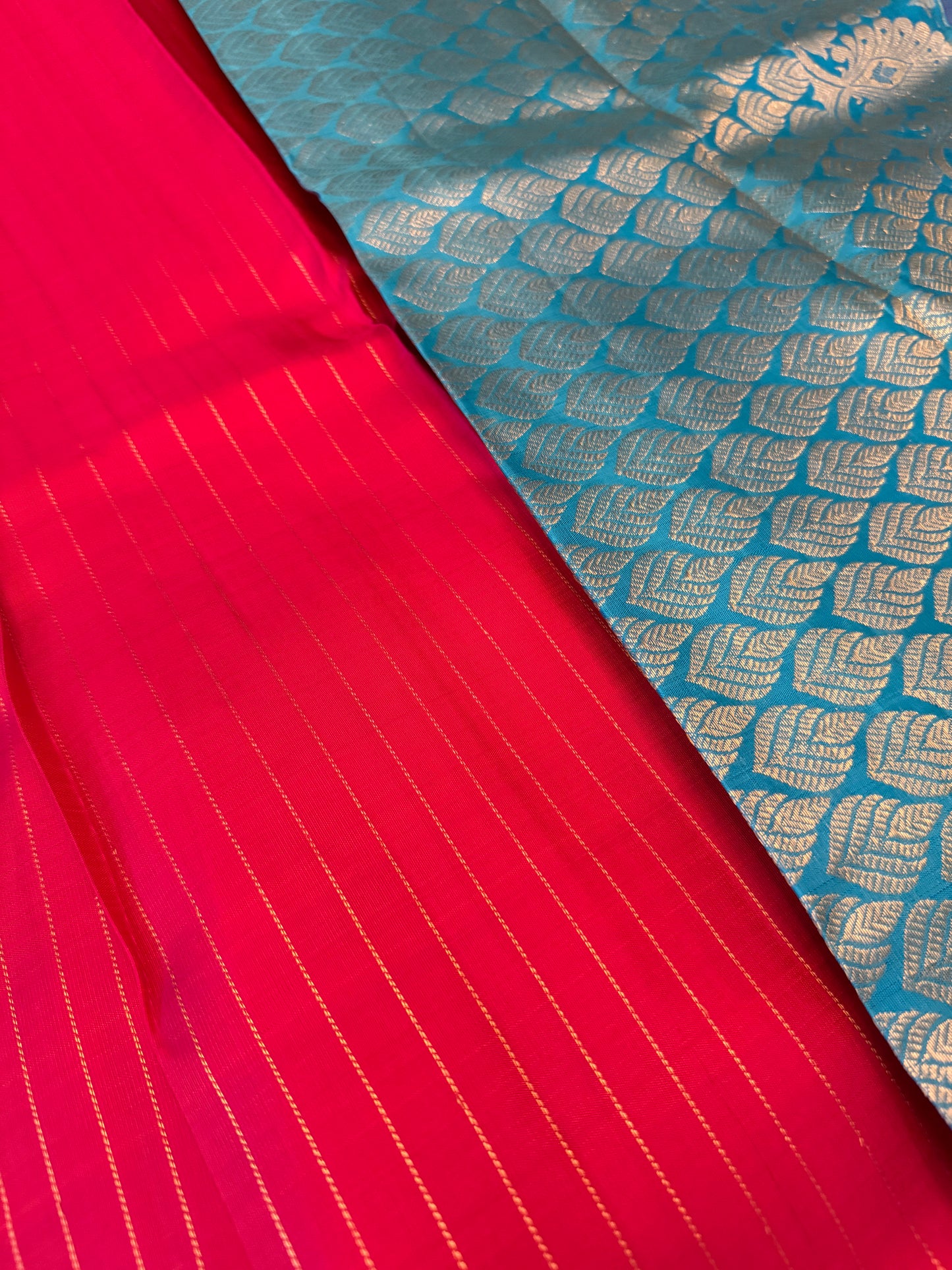 Handloom Pink Kanjeevaram Saree | Modern Blue and Golden Floral Design