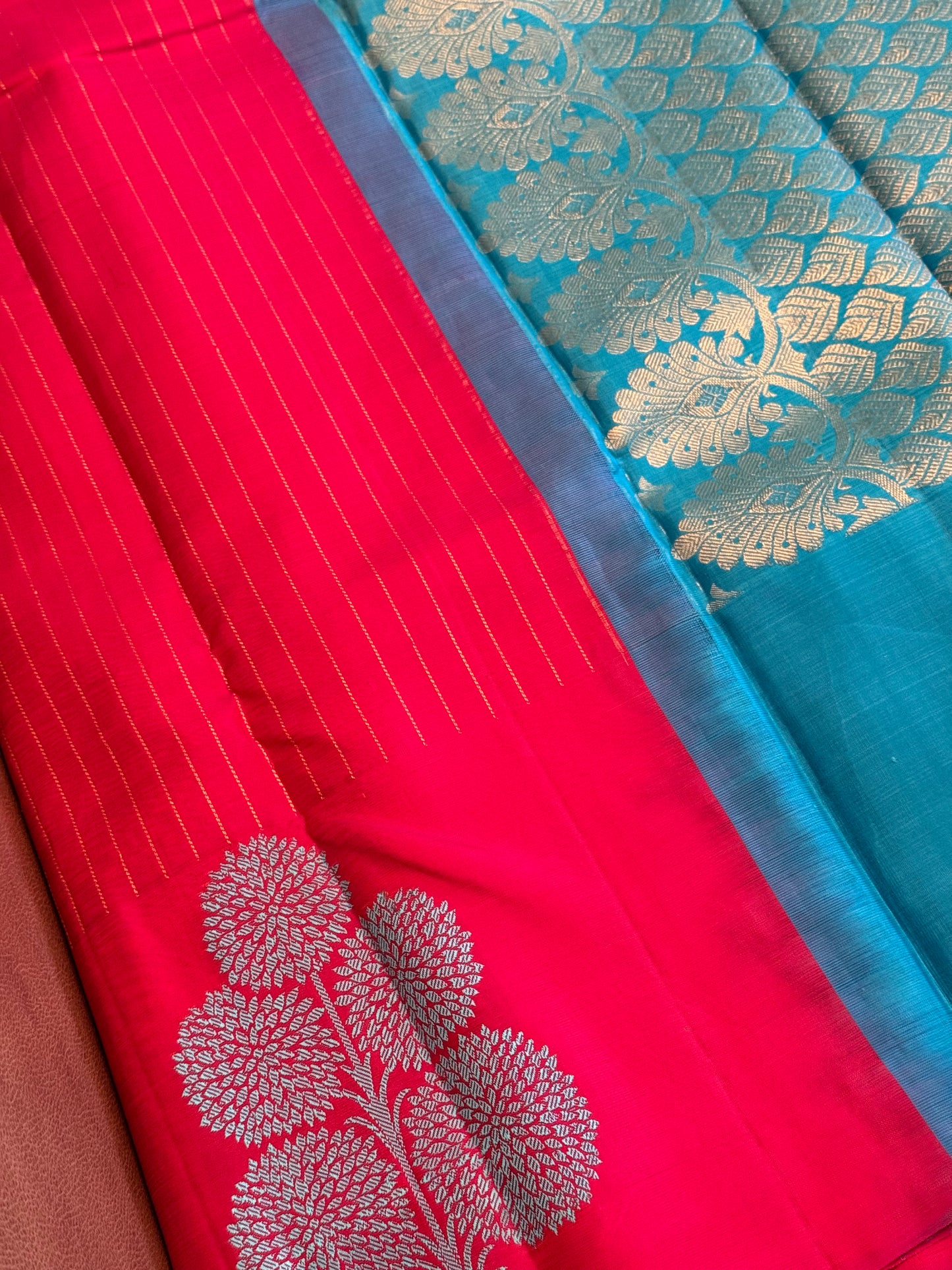 Handloom Pink Kanjeevaram Saree | Modern Blue and Golden Floral Design