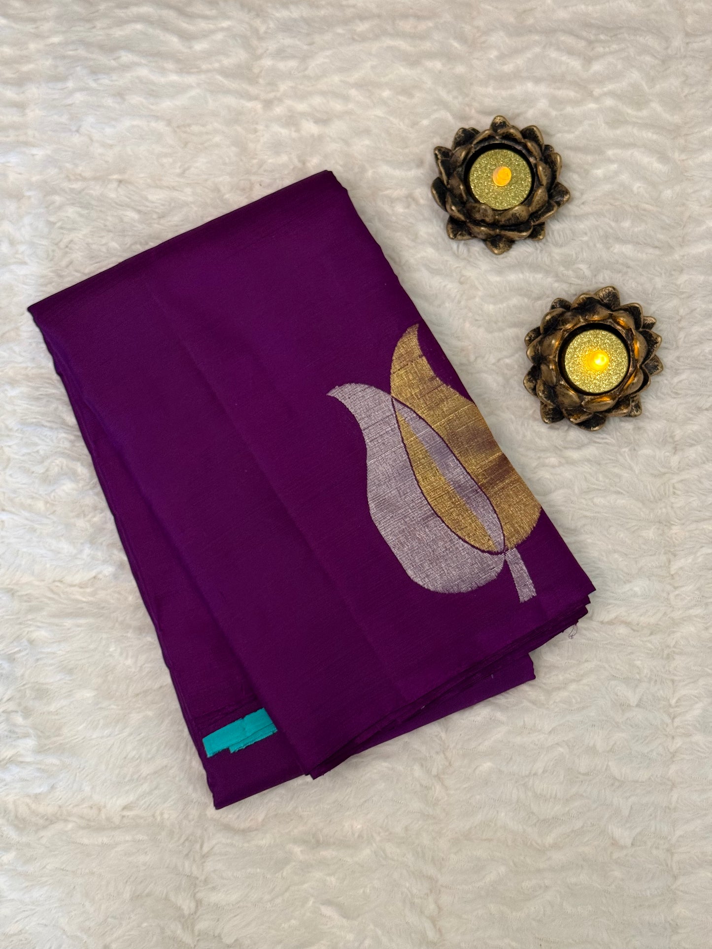 Handloom Kanjeevaram Violet Silk Saree, Gold & Silver Leaf Motifs