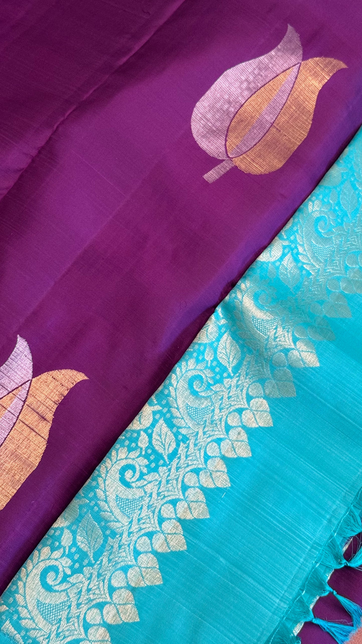 Handloom Kanjeevaram Violet Silk Saree, Gold & Silver Leaf Motifs