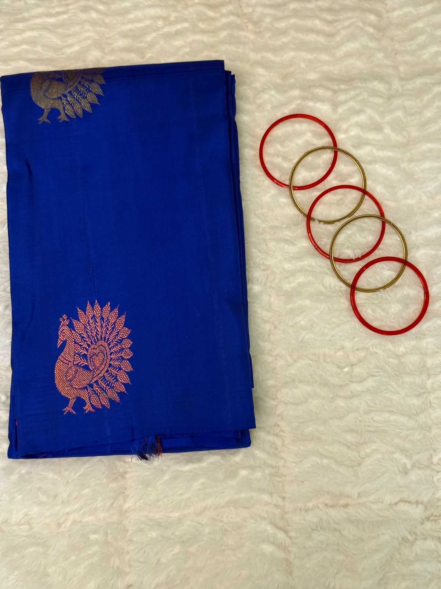 Kanjeevaram Silk Saree | Royal Blue  body with Gold & Bronze Peacock Motifs