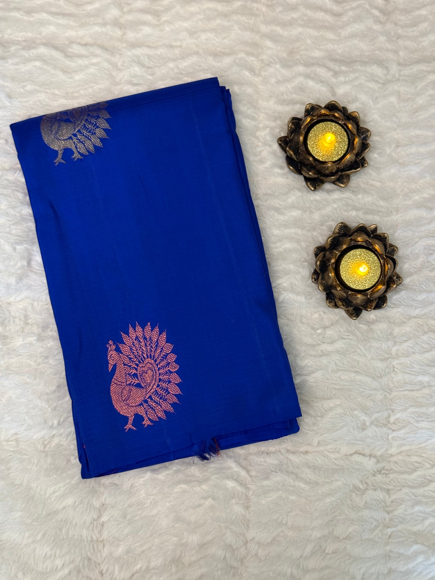 Kanjeevaram Silk Saree | Royal Blue  body with Gold & Bronze Peacock Motifs