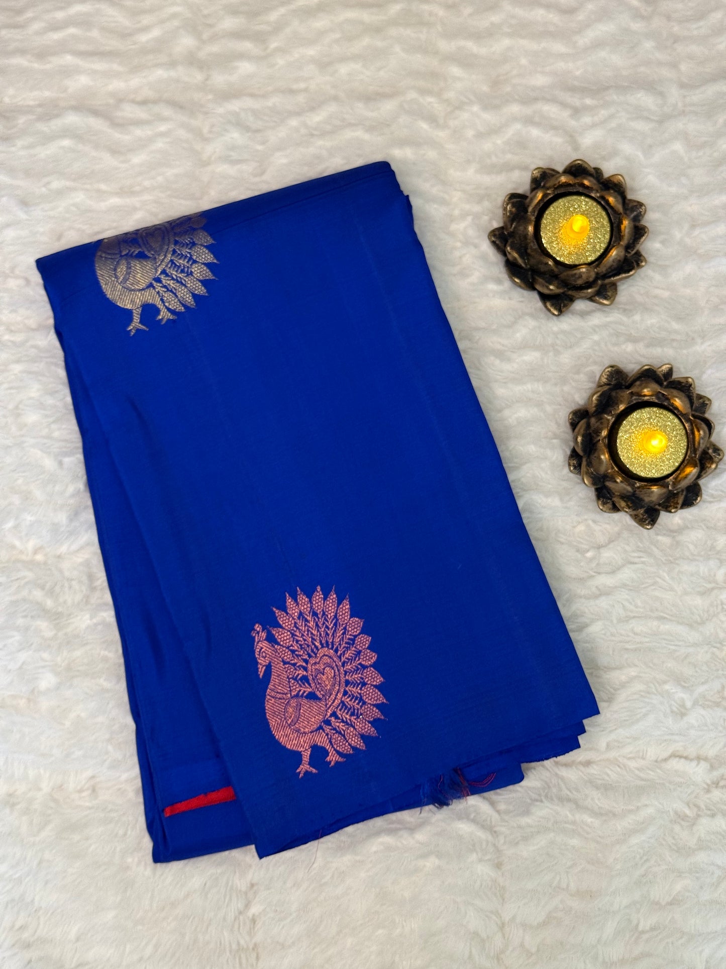 Kanjeevaram Silk Saree | Royal Blue  body with Gold & Bronze Peacock Motifs