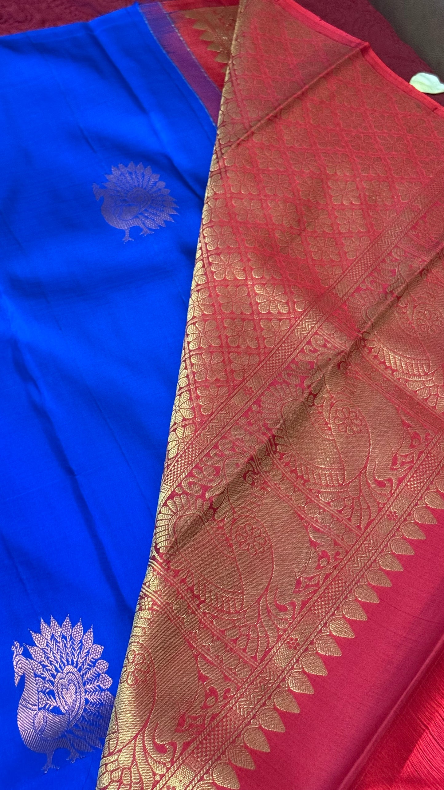 Kanjeevaram Silk Saree | Royal Blue  body with Gold & Bronze Peacock Motifs