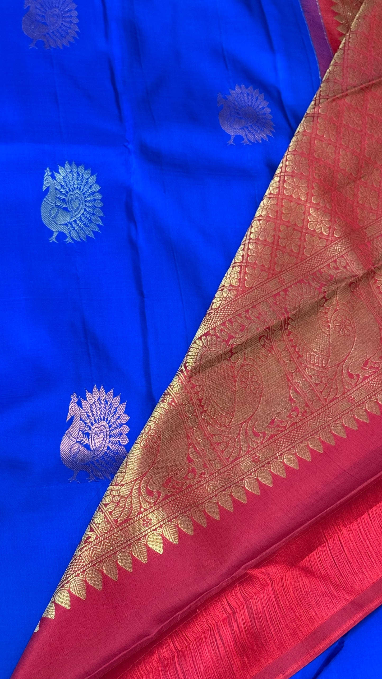 Kanjeevaram Silk Saree | Royal Blue  body with Gold & Bronze Peacock Motifs