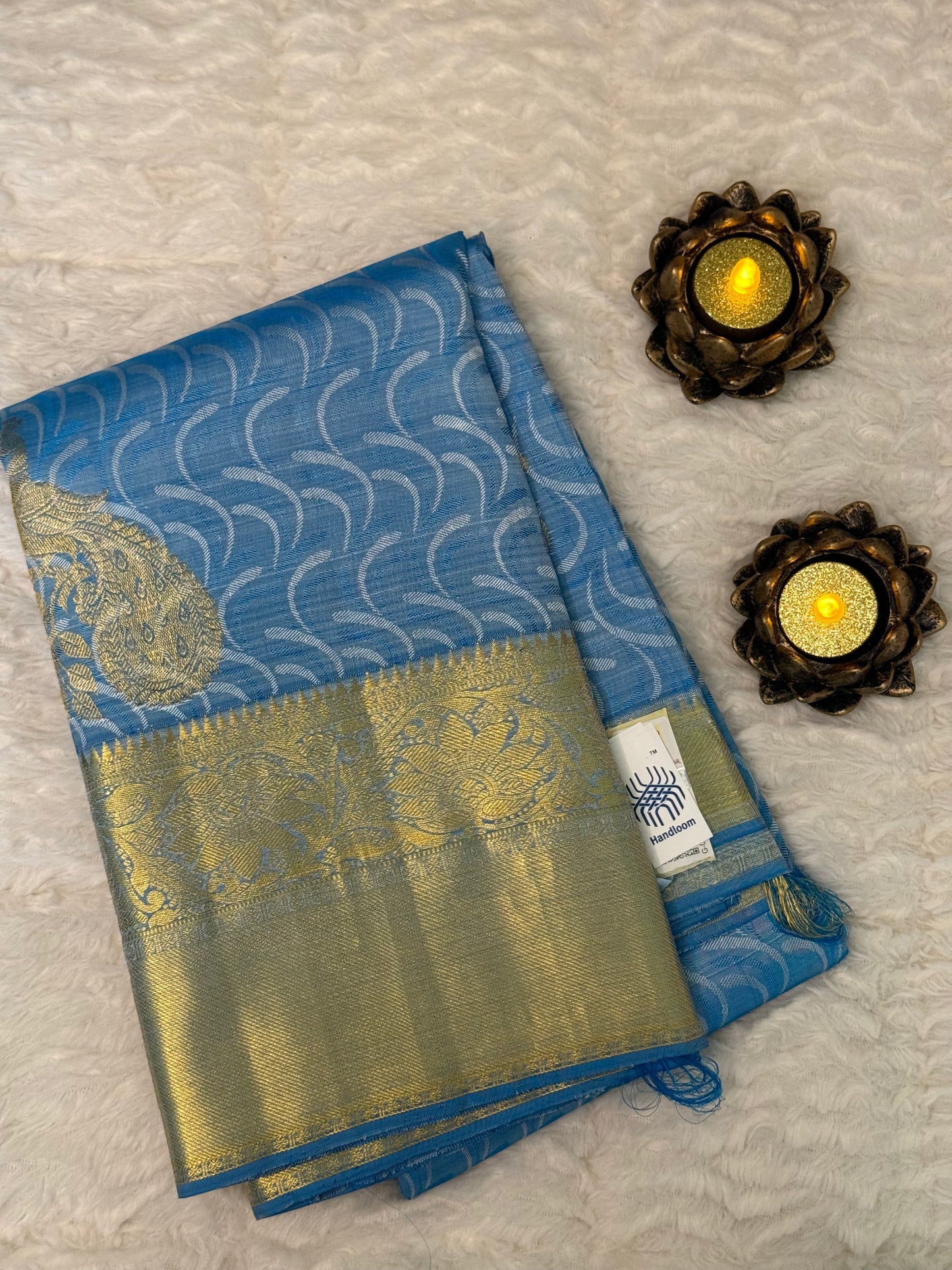 Handloom Kanjivaram Silk Saree in Enchanting Peacock Blue With Golden Border