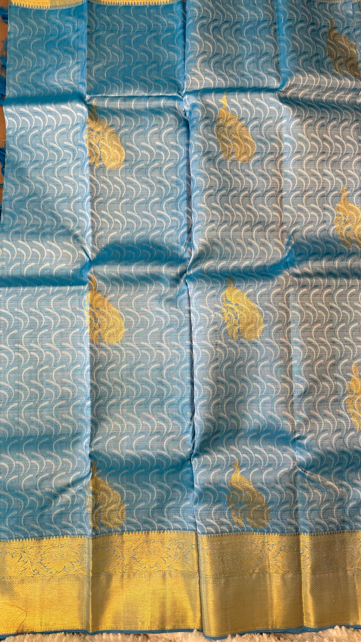 Handloom Kanjivaram Silk Saree in Enchanting Peacock Blue With Golden Border