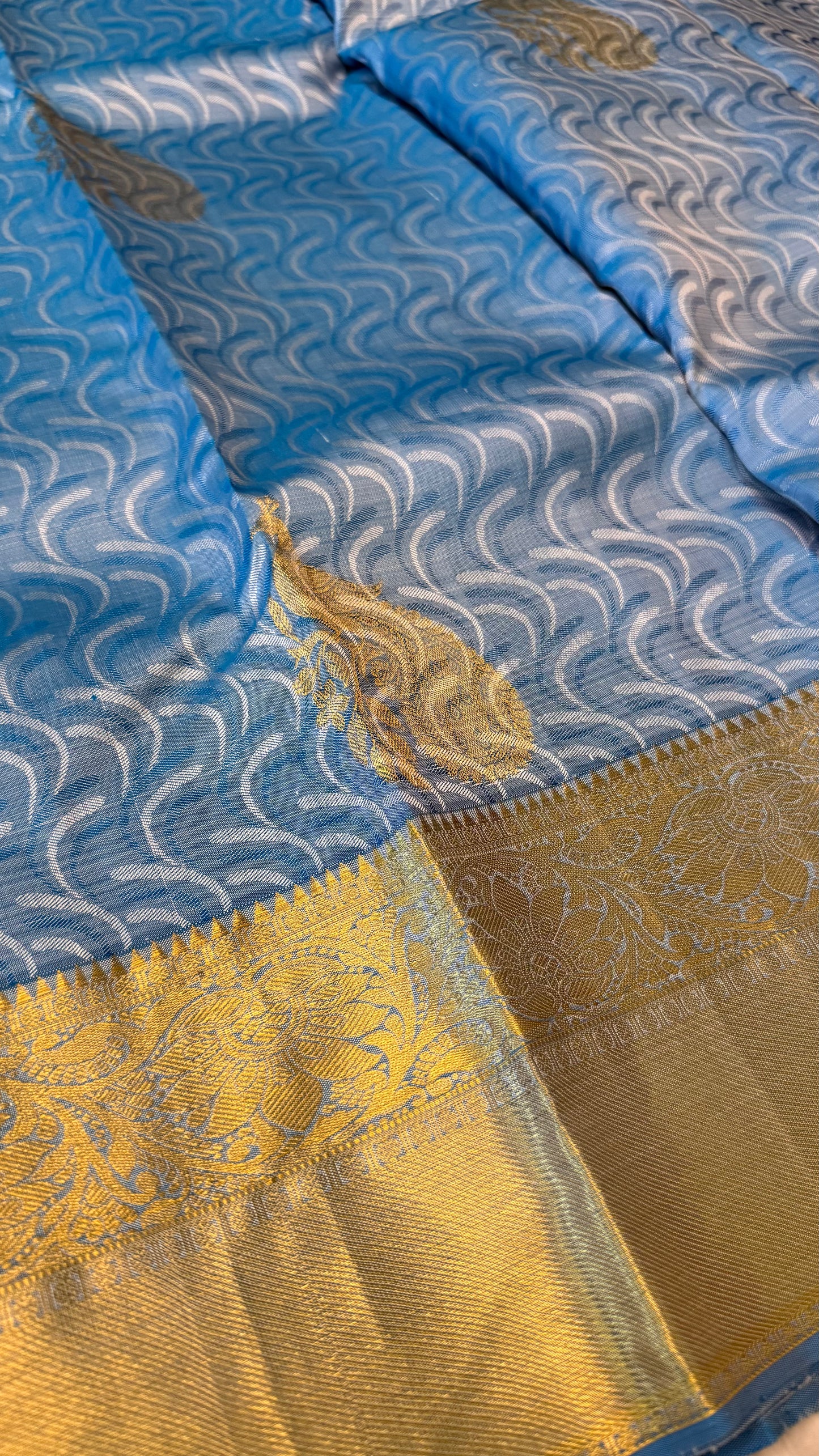 Handloom Kanjivaram Silk Saree in Enchanting Peacock Blue With Golden Border