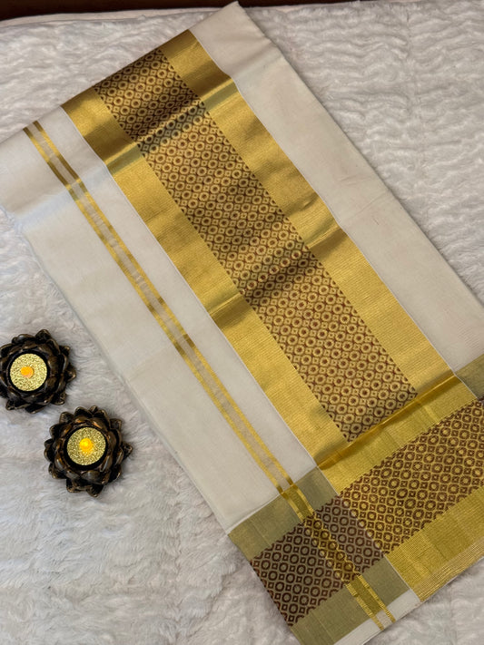 Elegant Kasavu White Set Saree with Brown Circles for Festive Occasions