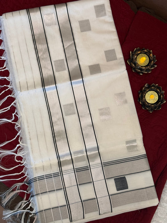 Elegant White Saree with Grey Kasavu Checks for Onam & Vishu Celebrations