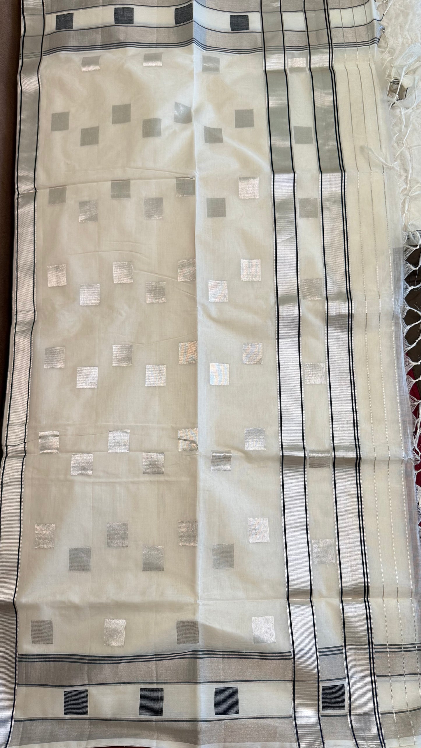Elegant White Saree with Grey Kasavu Checks for Onam & Vishu Celebrations