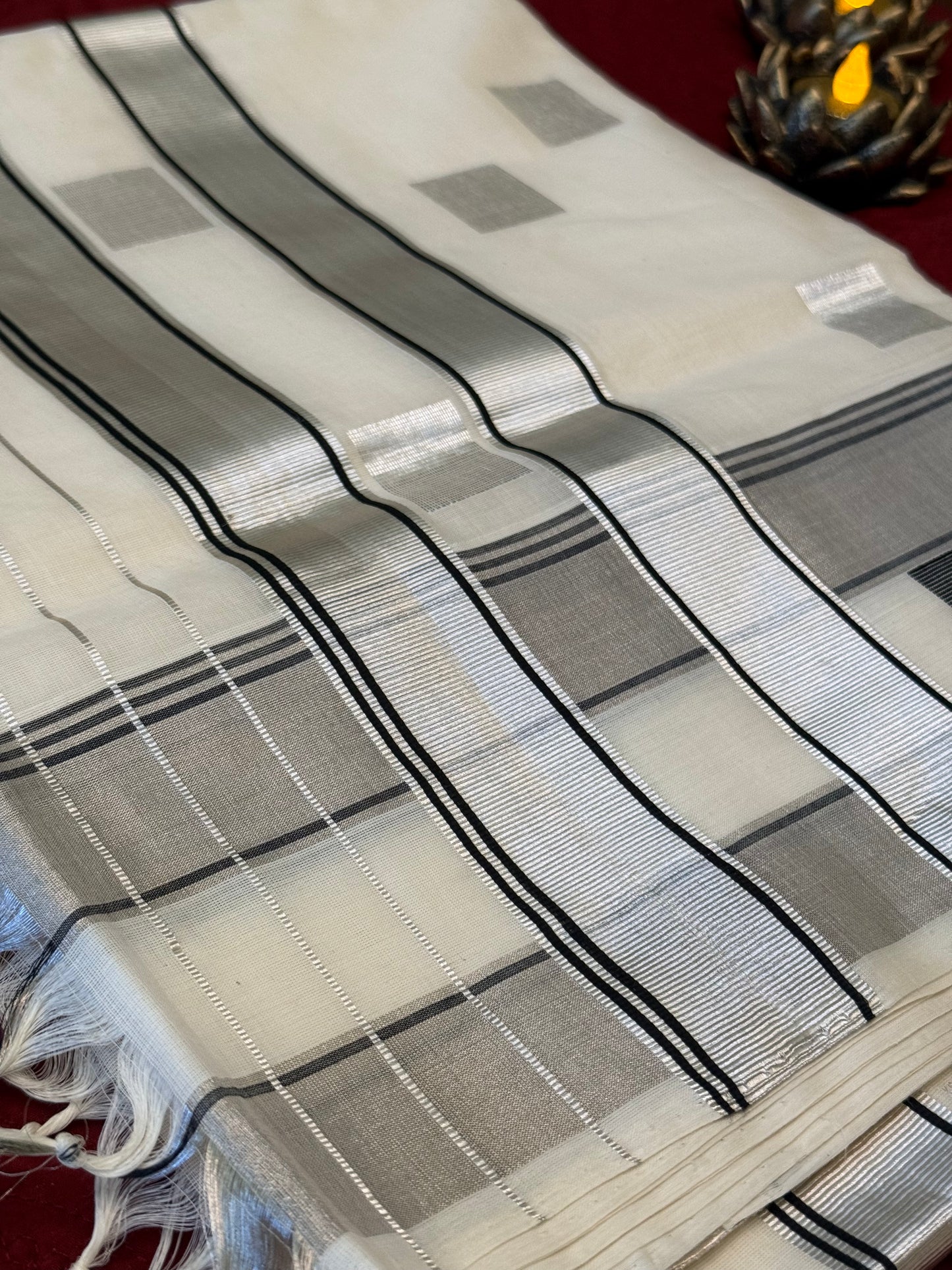 Elegant White Saree with Grey Kasavu Checks for Onam & Vishu Celebrations