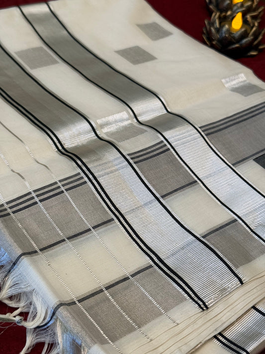 Elegant White Saree with Grey Kasavu Checks for Onam & Vishu Celebrations