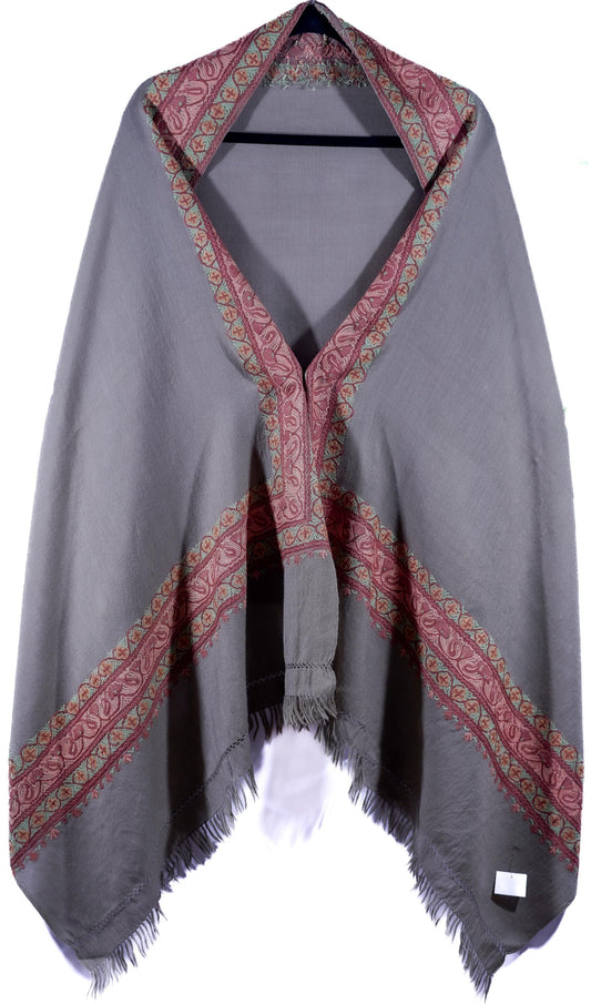 Kashmiri Hand embroidered stoles with Ari work on Merino wool for Winter - Grey with Orange boundary
