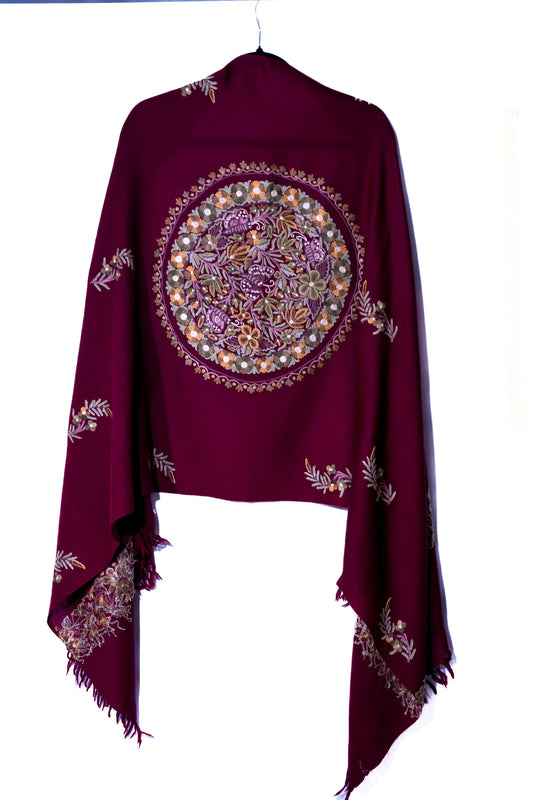 Kashmiri Hand embroidered stoles with Ari work on Merino wool for Winter - Purple with  Design on the back Valentine Gift