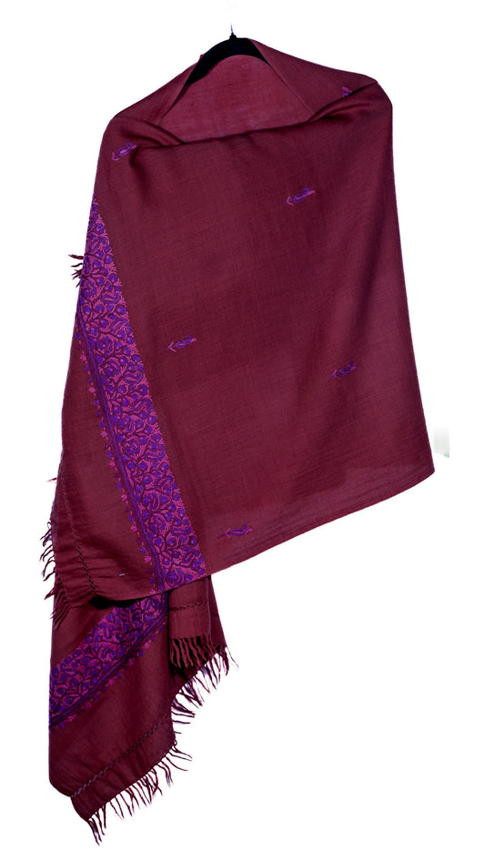 Kashmiri Hand embroidered stoles with Ari work on Merino wool for Winter - Purple with light Purple Boundary - Valentine Gift