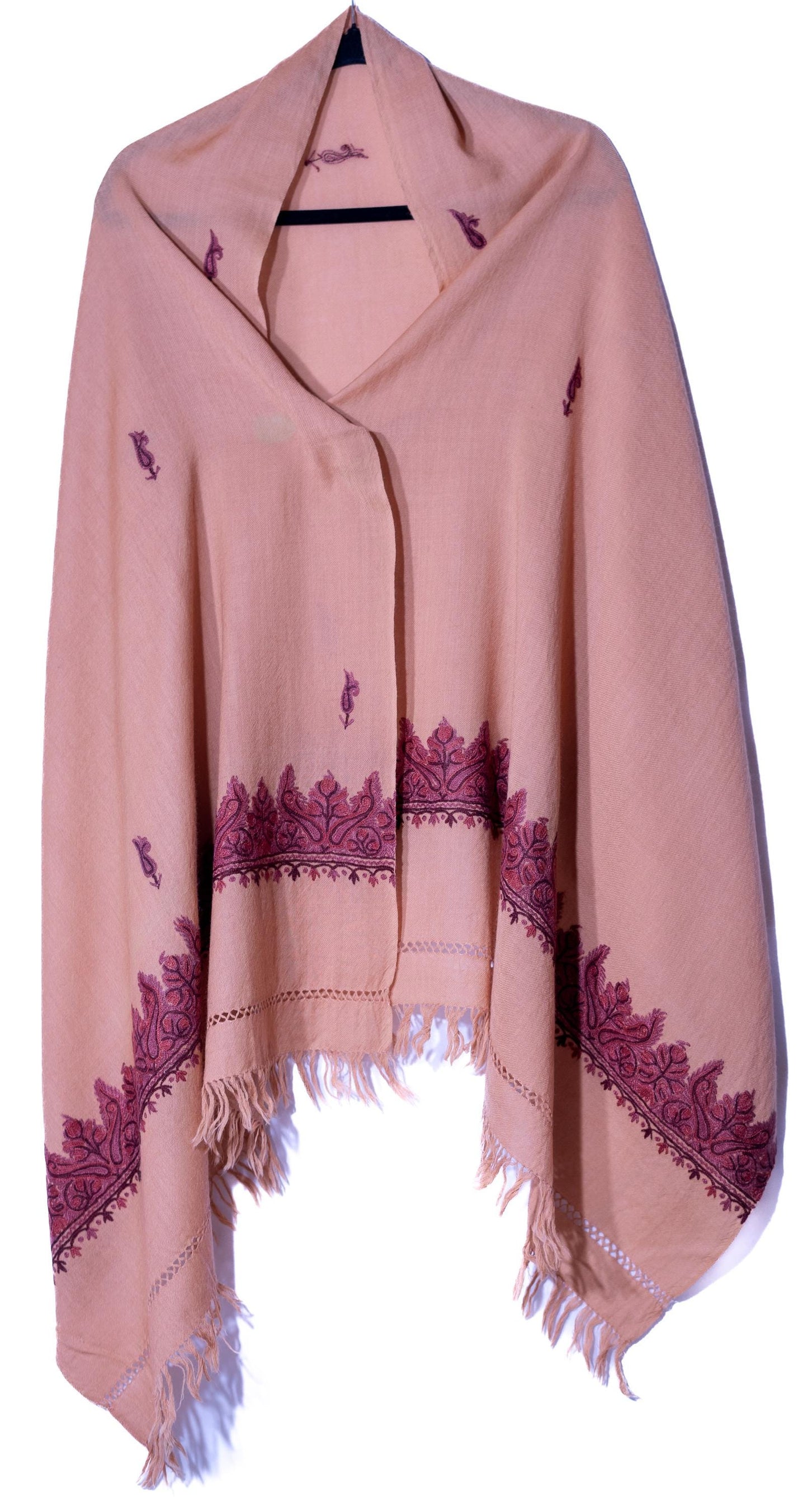Kashmiri Hand embroidered stoles with Ari work on Merino wool for Winter - Cream with Dark Boundary Valentine Gift