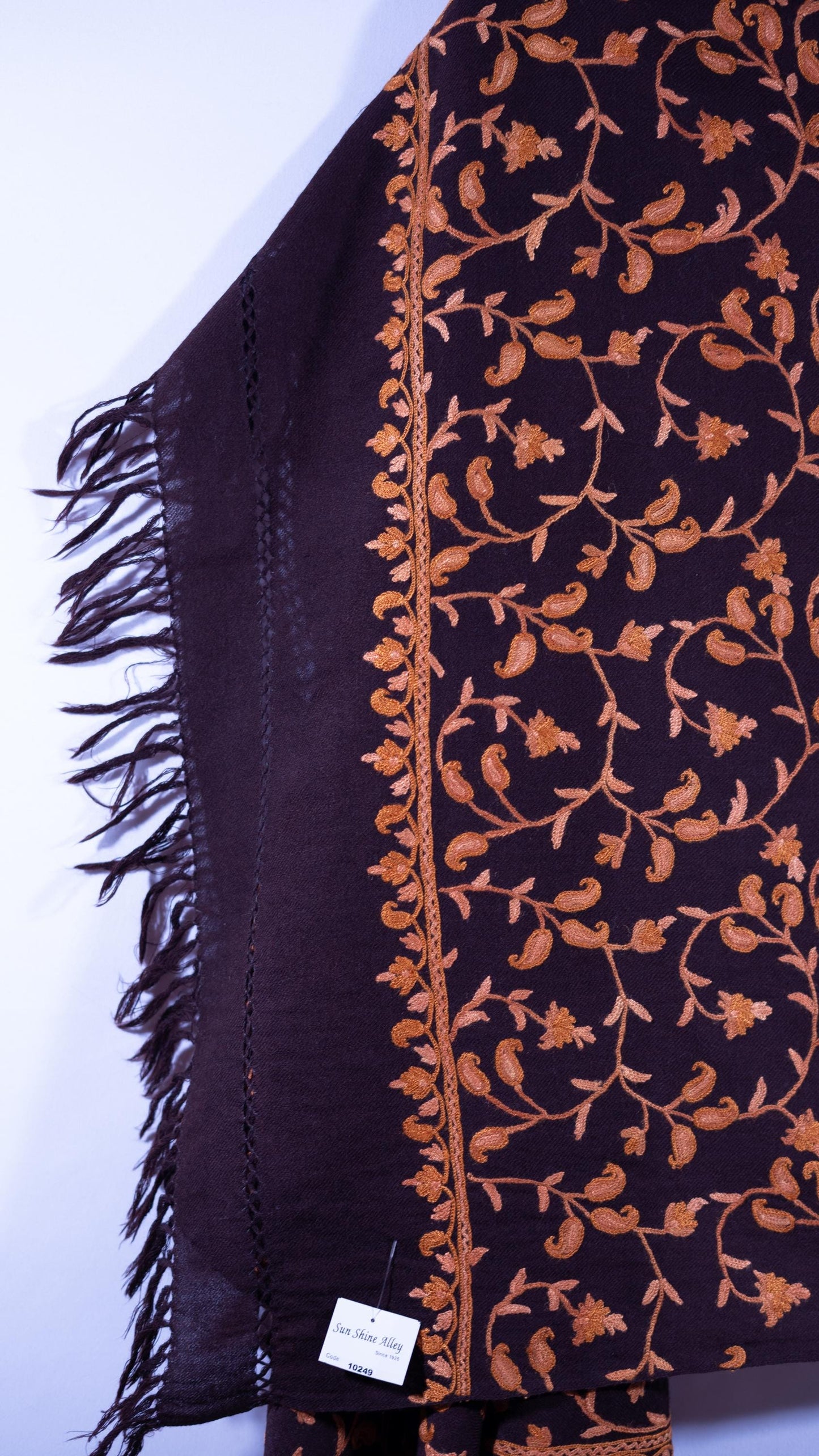 Kashmiri Hand embroidered stoles with Ari work on Merino wool for Winter - Purple with Flower pattern