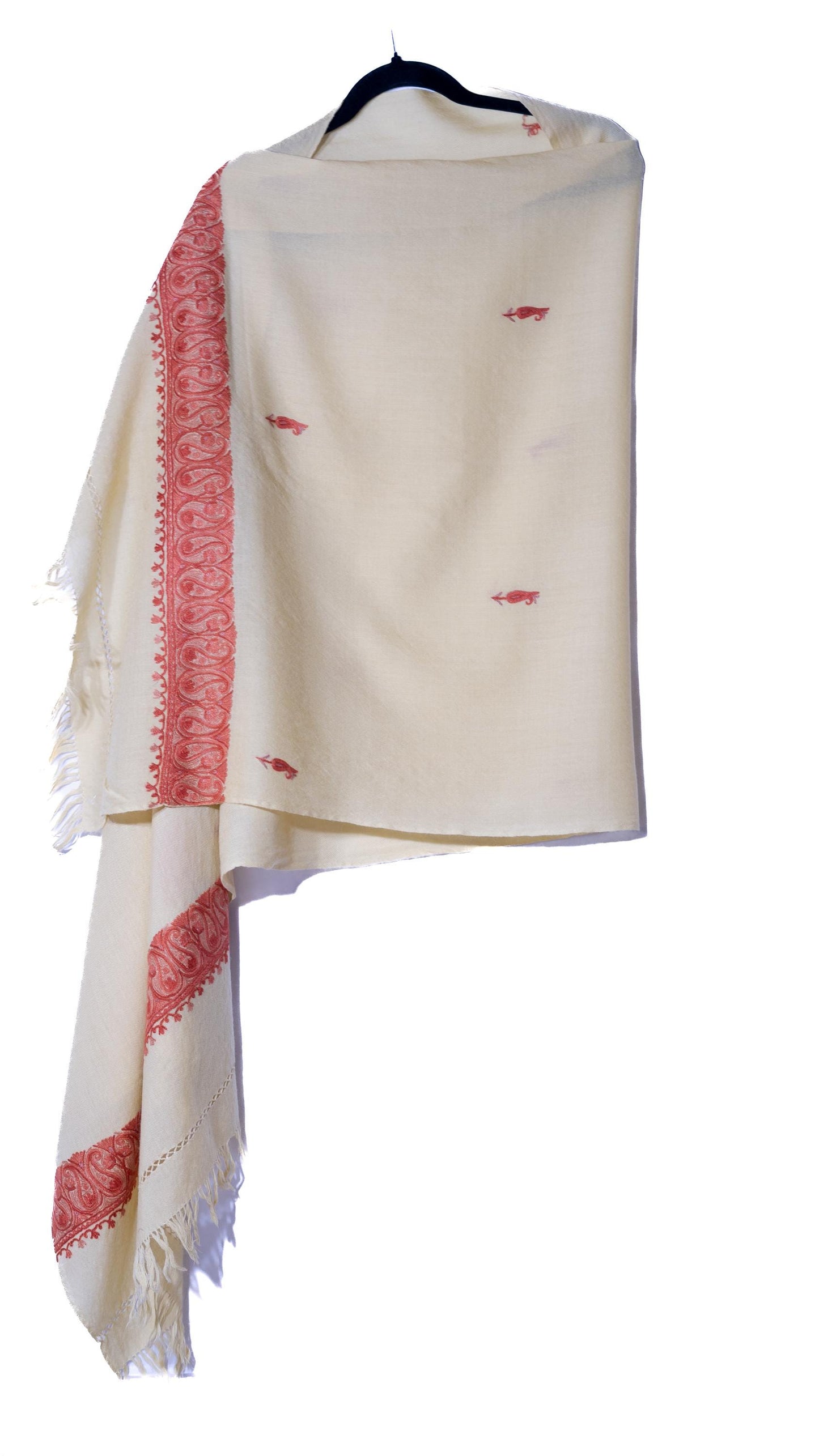 Kashmiri Hand embroidered stoles with Ari work on Merino wool for Winter - White with light orange boundary Valentine Gift