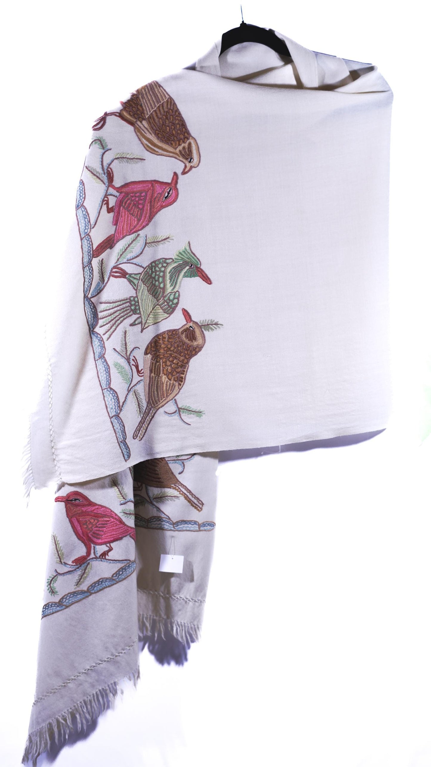 Kashmiri Hand embroidered stoles with Ari work on Merino wool for Winter - White with bird design Valentine Gift