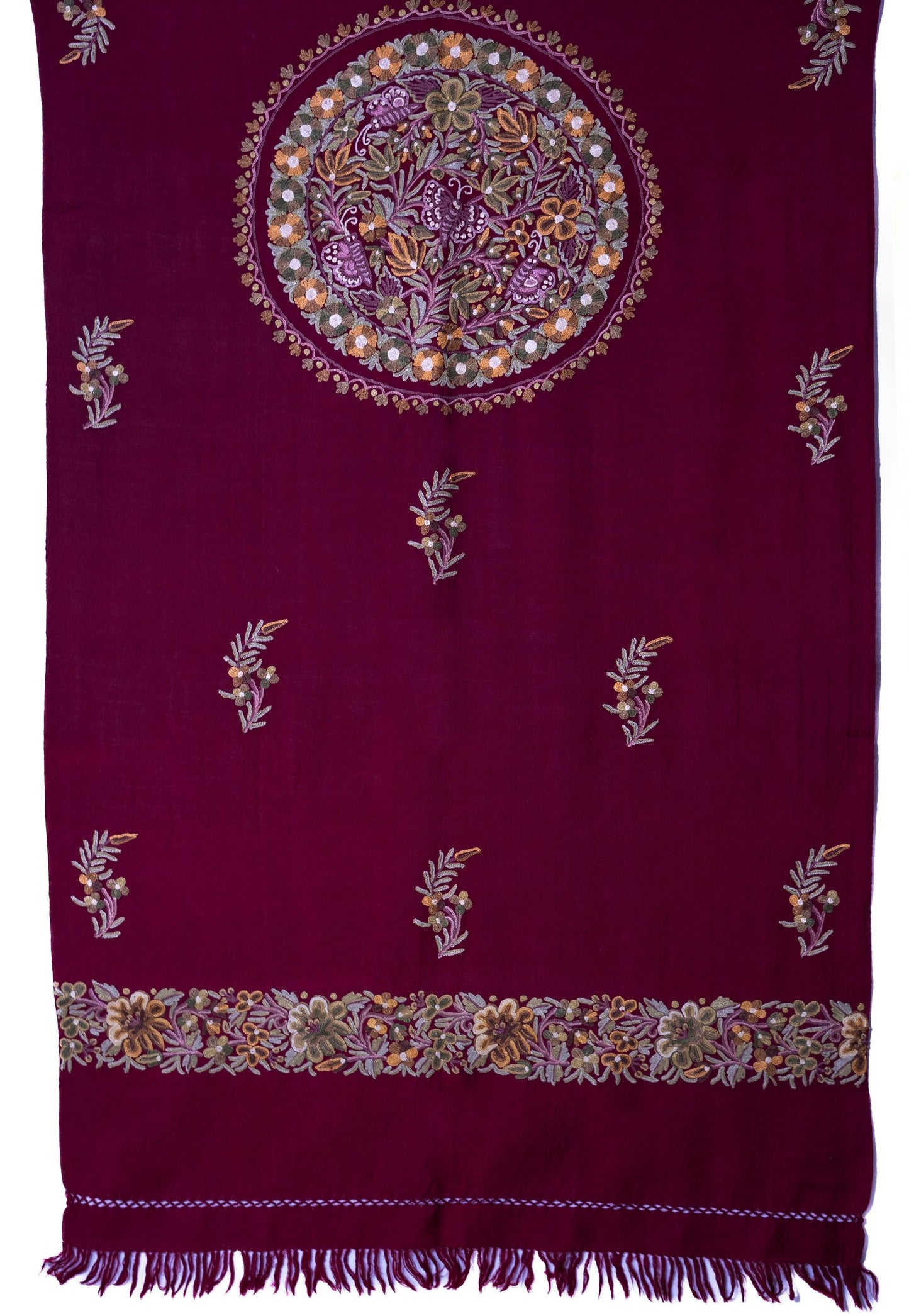Kashmiri Hand embroidered stoles with Ari work on Merino wool for Winter - Purple with  Design on the back Valentine Gift
